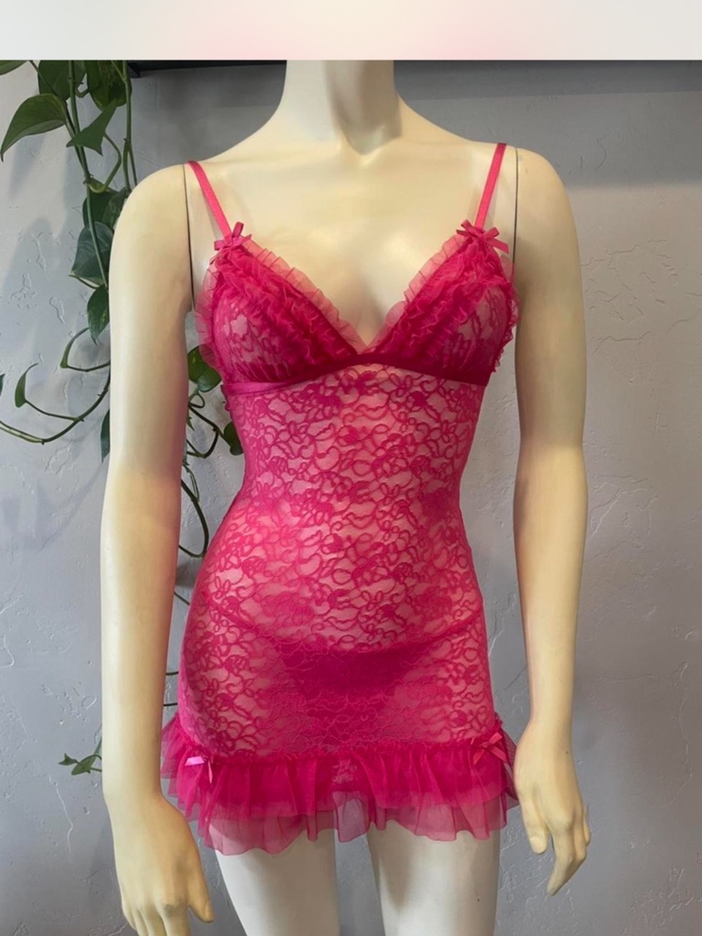 Sheer Lace Ruffle Chemise - Hot Pink